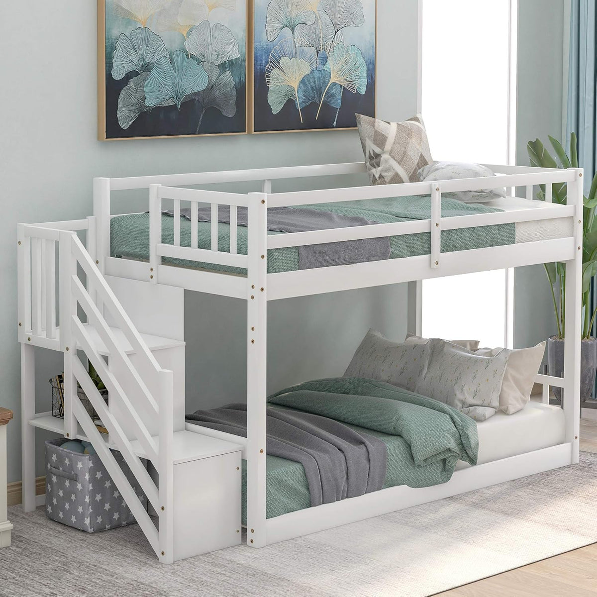 White Twin Metal Bunk Bed with Trundle O730