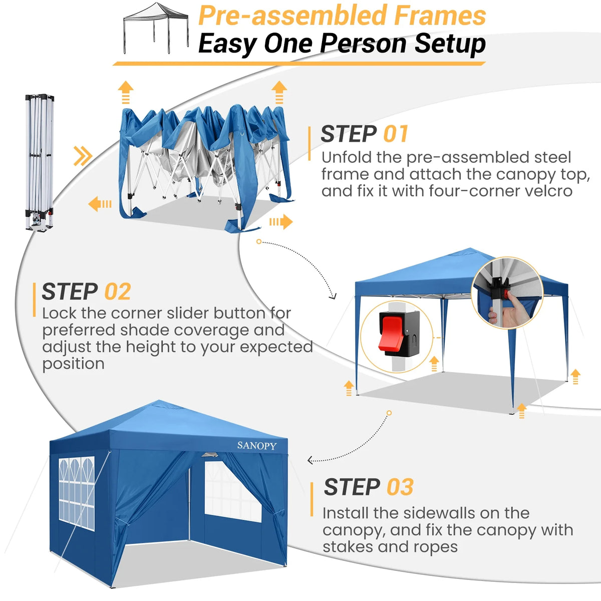 10'x10' Waterproof Pop Up Canopy Tent with 4 Removable Sidewalls & Carrying Bag W6459
