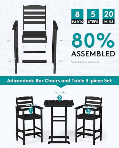 5 Pieces HDPE Adirondack Bar Chairs Set with Bar Pub Table, Black T9406