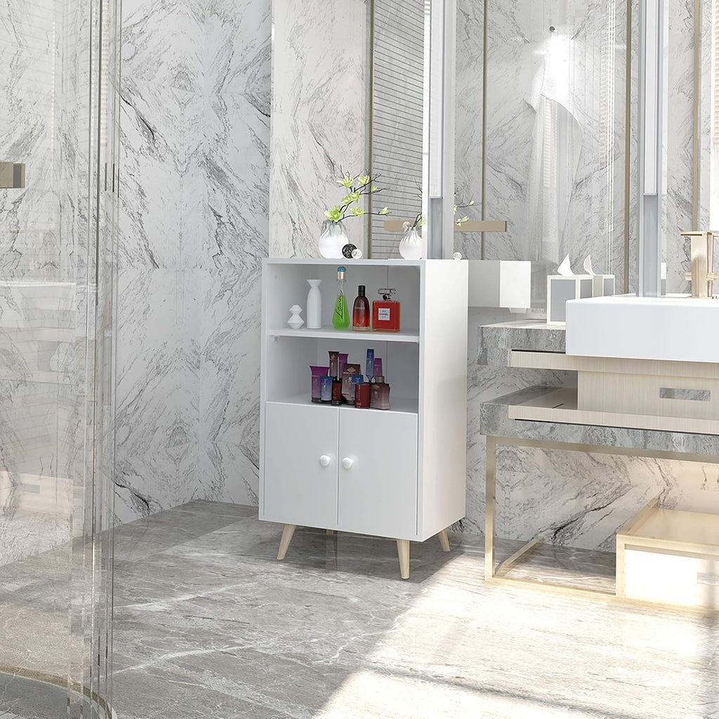 Ivory White Freestanding Bathroom Storage Cabinet with 2 Open Shelves O680805