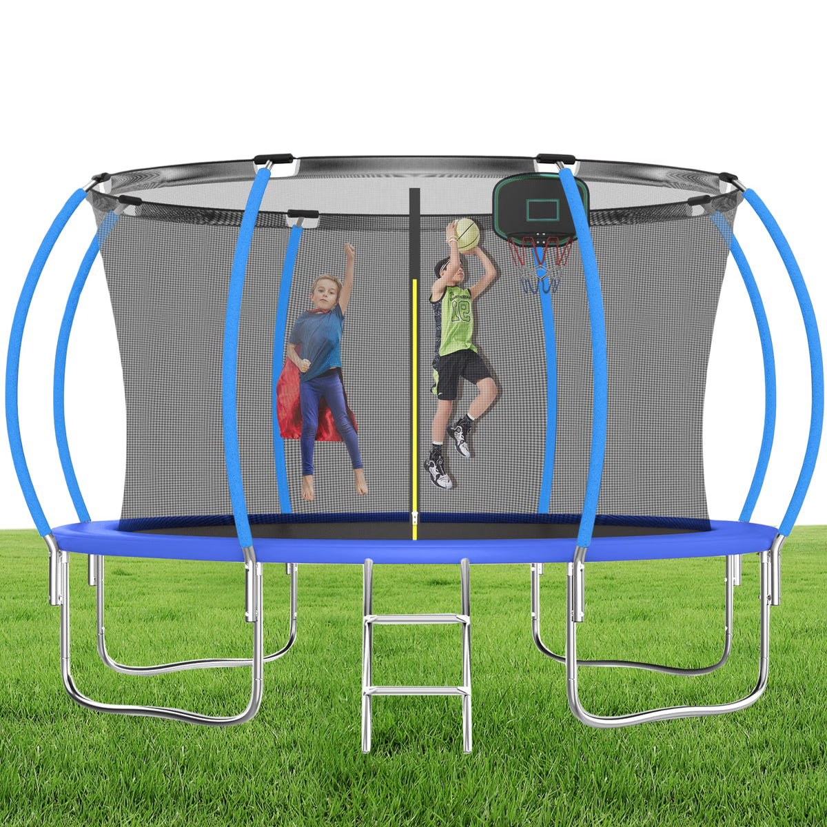 12FT Blue Outdoor Kids Trampoline with Basketball Hoop & Enclosure M72145