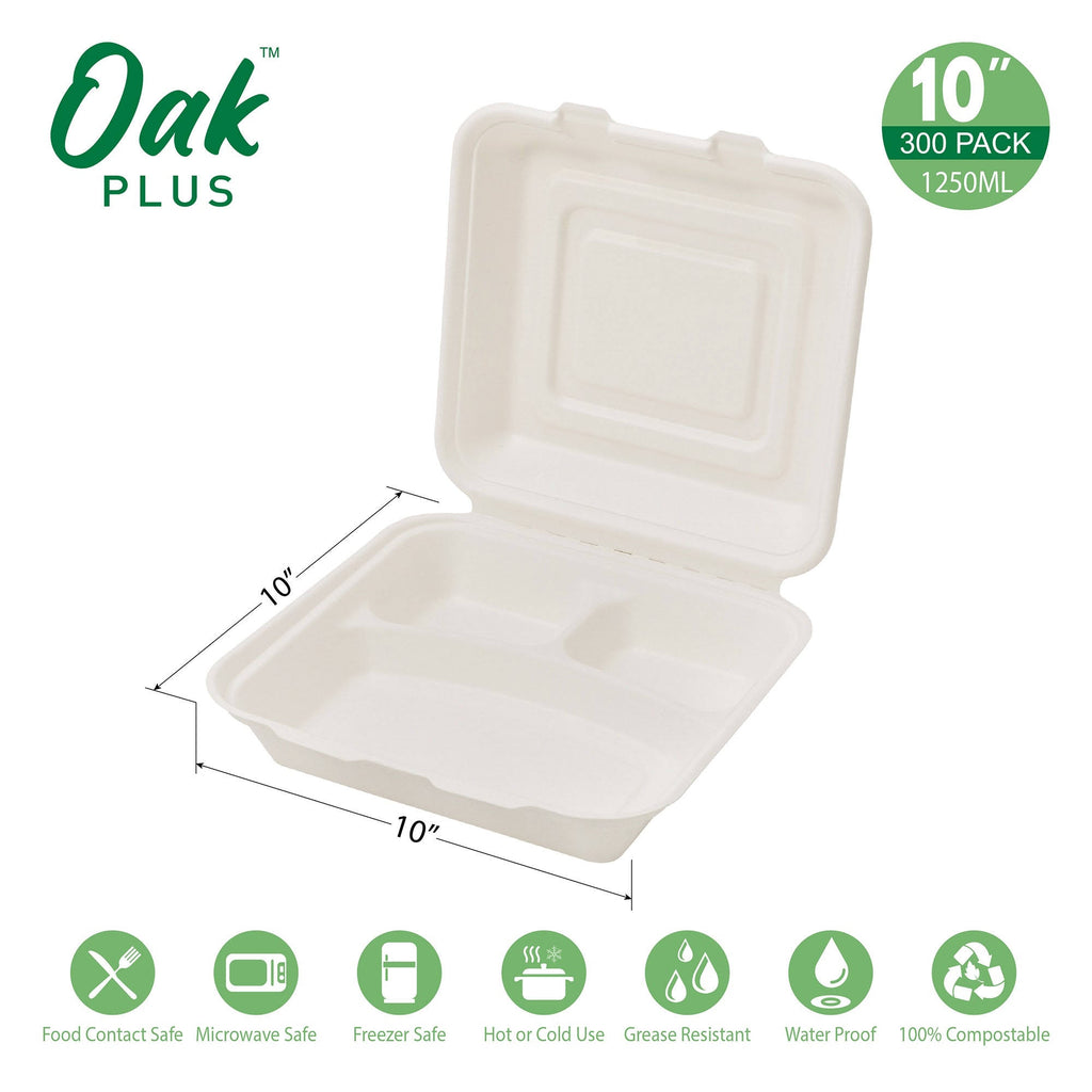 10 inch Natural Compostable Sugarcane Sectional Clamshell Containers, 300 Pack E570