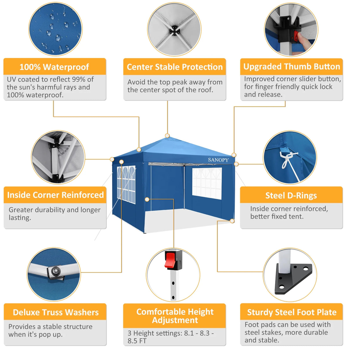 10'x10' Waterproof Pop Up Canopy Tent with 4 Removable Sidewalls & Carrying Bag W6459