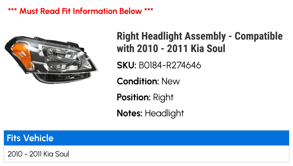 Right Headlight Assembly for 2010-2011 Kia Soul K512