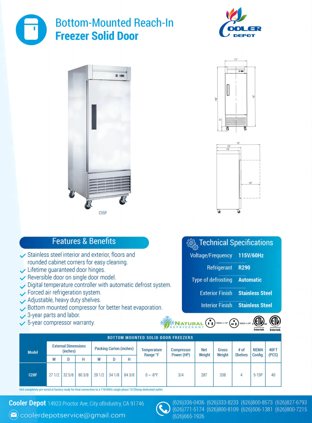 Solid Door Reach-In Freezer U4757
