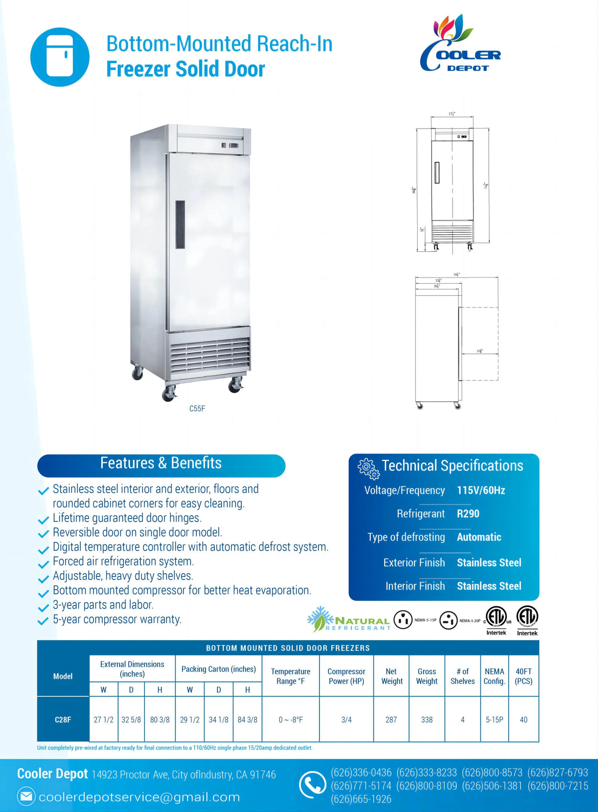 Solid Door Reach-In Freezer U4757