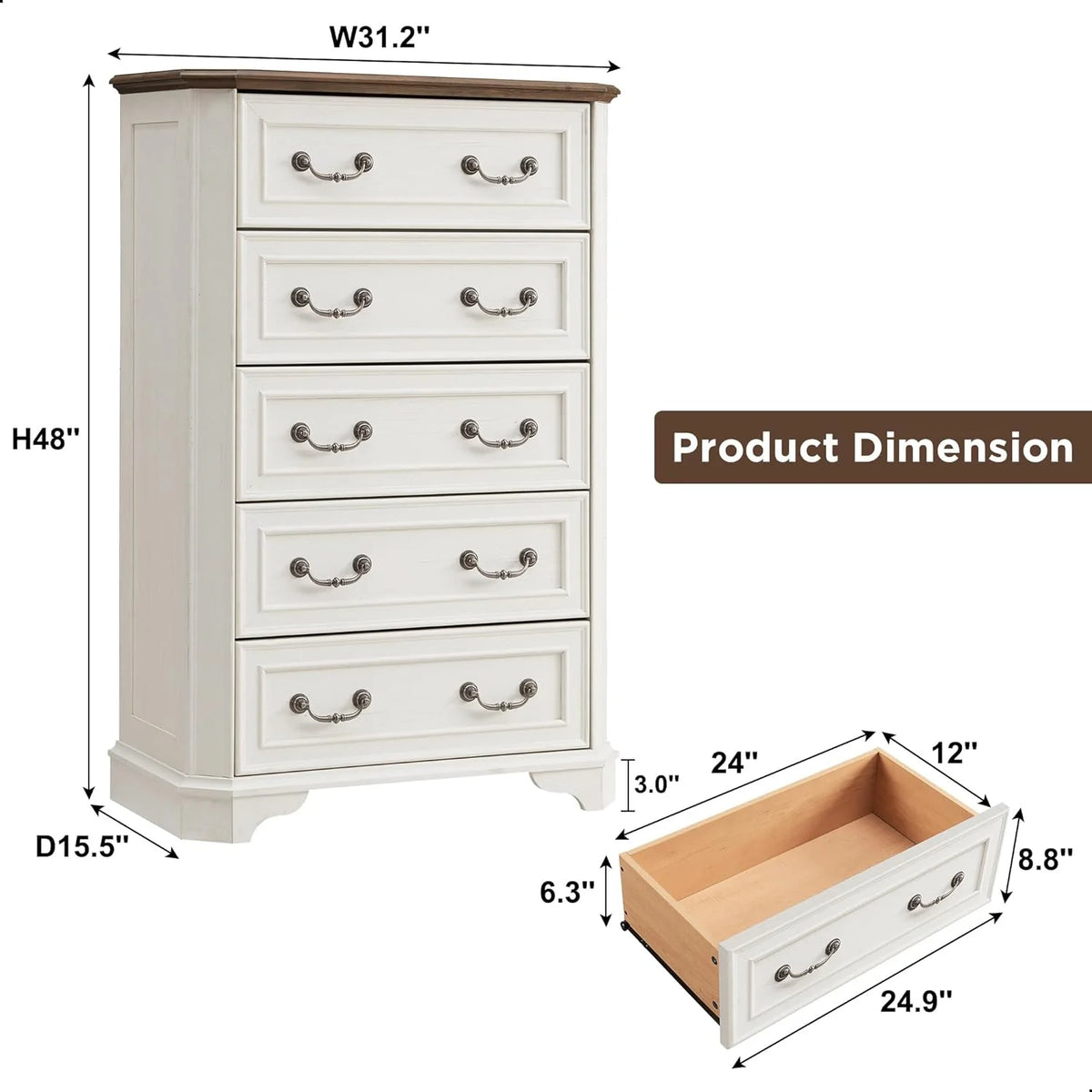 Antique White 5 Drawer Wood Dresser F3857