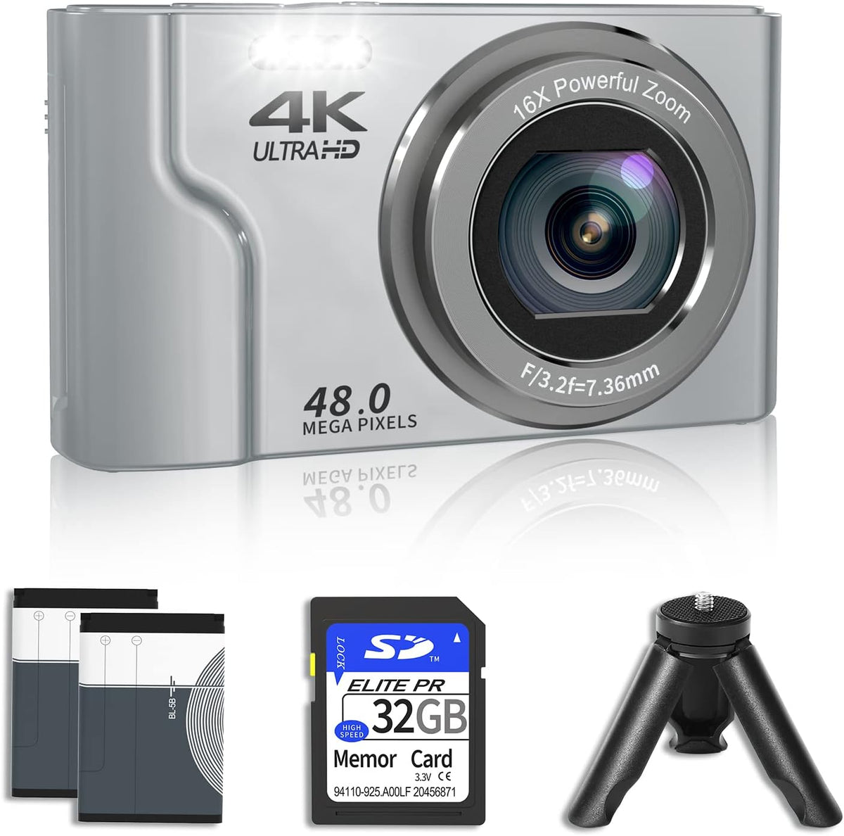 4K 48MP Mini Digital Camera with 2 Batteries, 32GB SD Card, Tripod, Black, Pack of 2 E722797