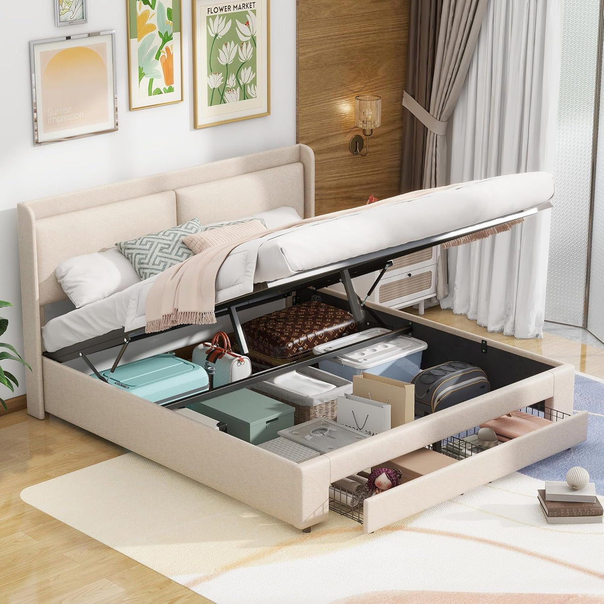 Beige Queen Size Platform Bed Frame with Lift Up Storage and 2 Drawers E3830