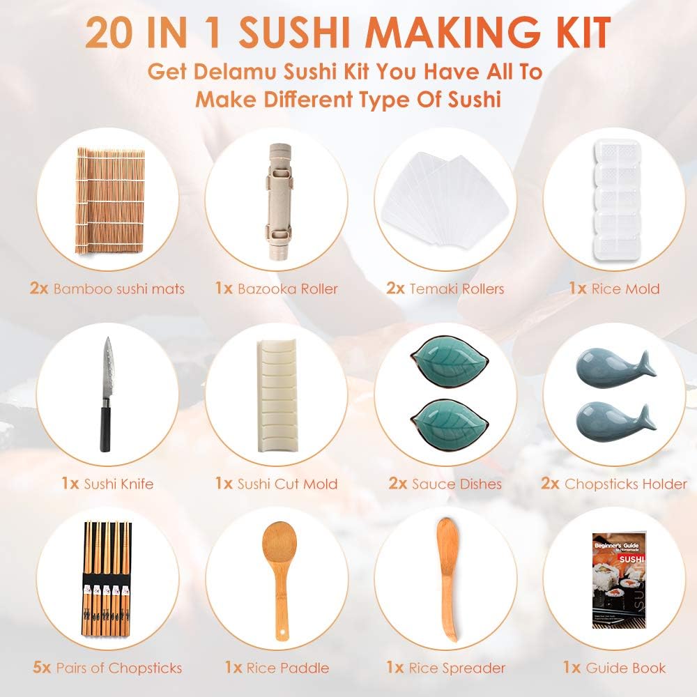 20 in 1 Sushi Making Kit with Chef’s Knife, Bamboo Mats, Rice Mold J3121