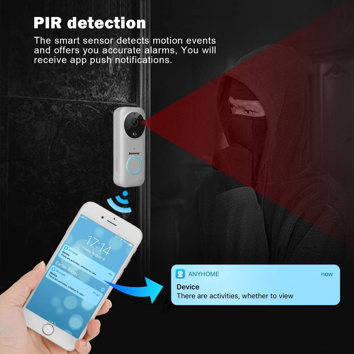 Wireless Video Doorbell Camera with Motion Detector, 1080P, Night Vision B3969
