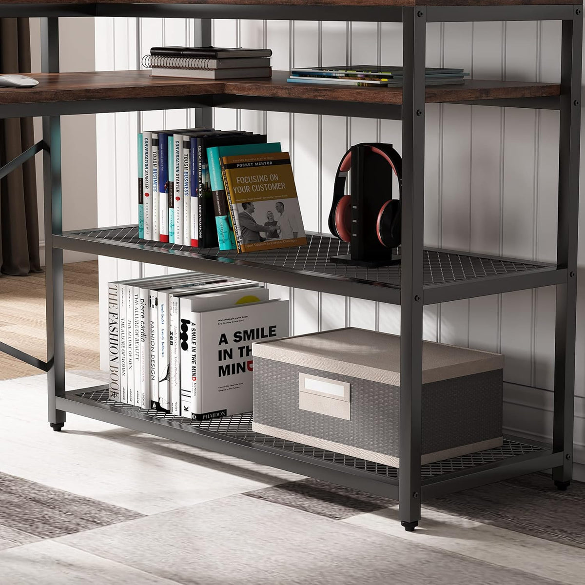 L Shaped Desk with Monitor Stand and Storage Shelf Q90992