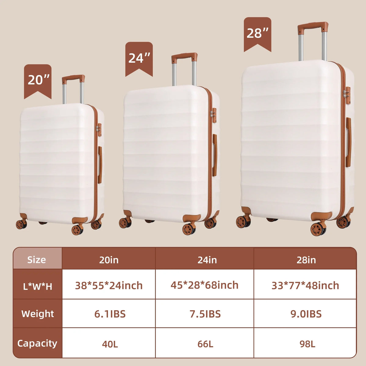 3 Piece Expandable ABS Hardshell Luggage Set Spinner Wheel Suitcase TSA Lock White Brown 20/24/28 Inch A330