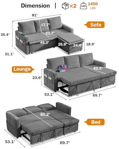Corduroy Grey L Shaped Sleeper Sofa with Storage Chaise N15369