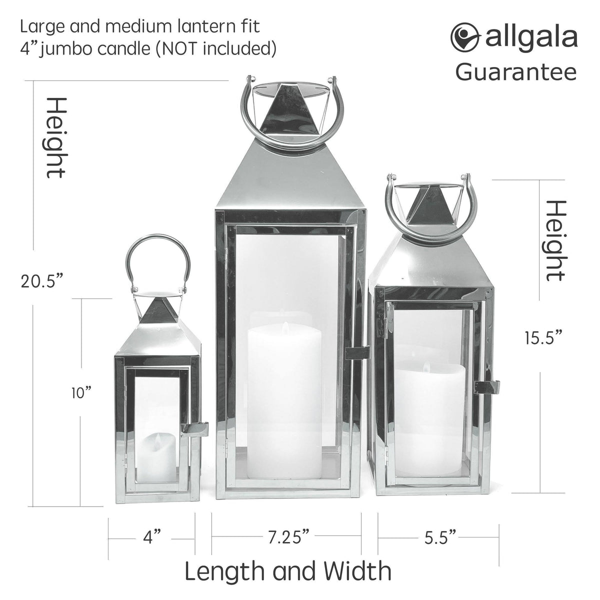 3-Pc Set Indoor/Outdoor Hurricane Candle Lantern Set with Chrome Plated Structure and Tempered Glass N7738