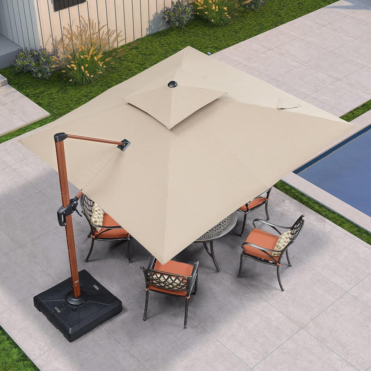 10 Ft Heather Beige Double Top Offset Hanging Patio Umbrella C3301