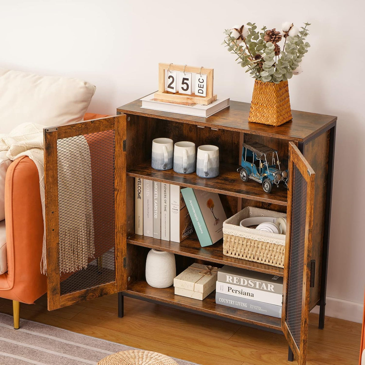 Rustic Brown 3-Tier Storage Cabinet with 2 Mesh Doors S442