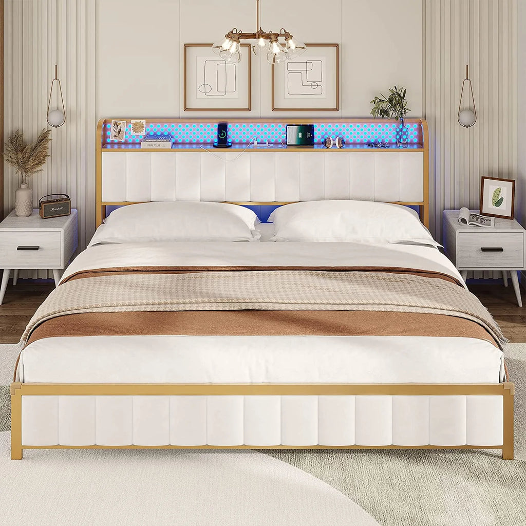 LED Queen Bed Frame with Storage Headboard and Drawers Z719