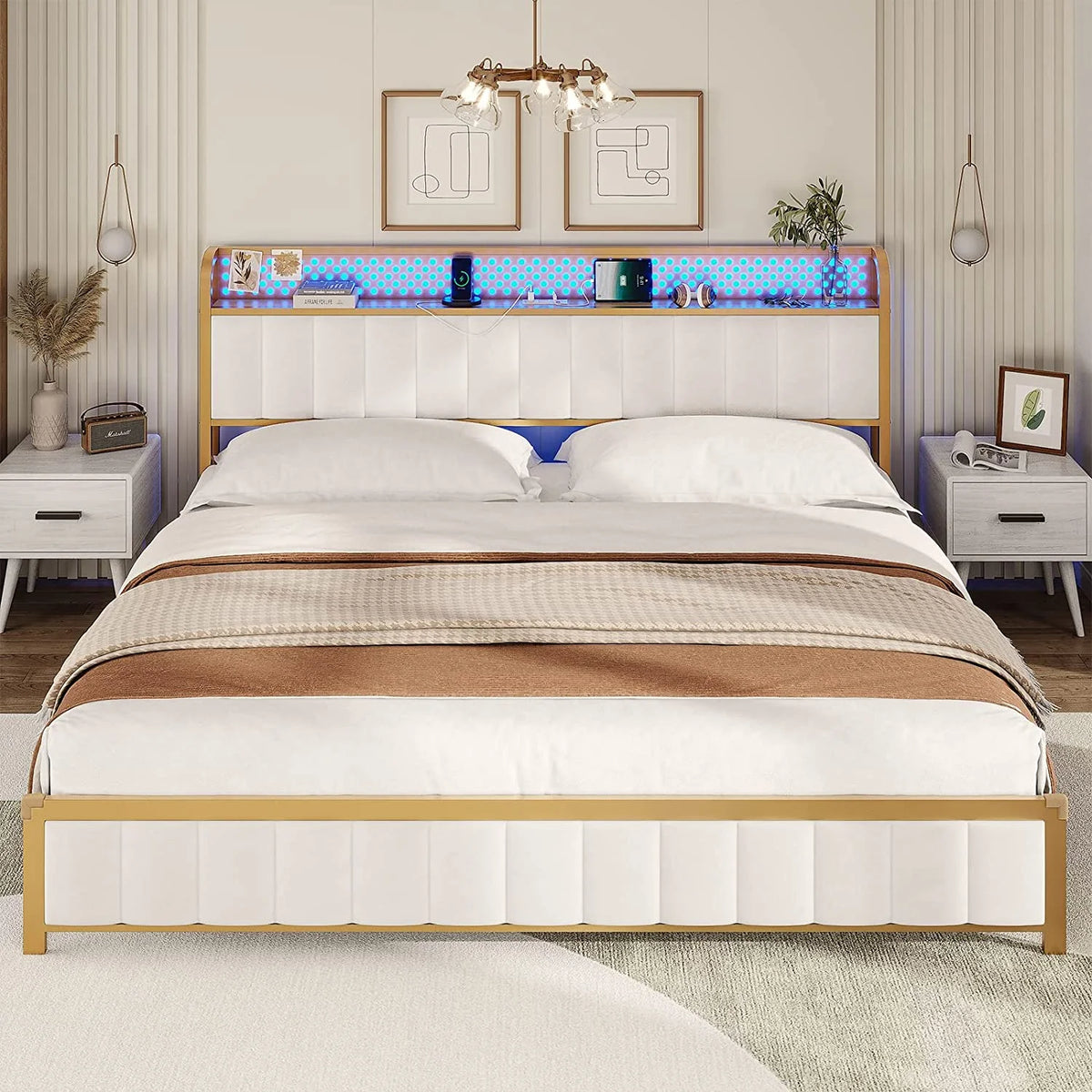 LED Queen Bed Frame with Storage Headboard and Drawers Z719