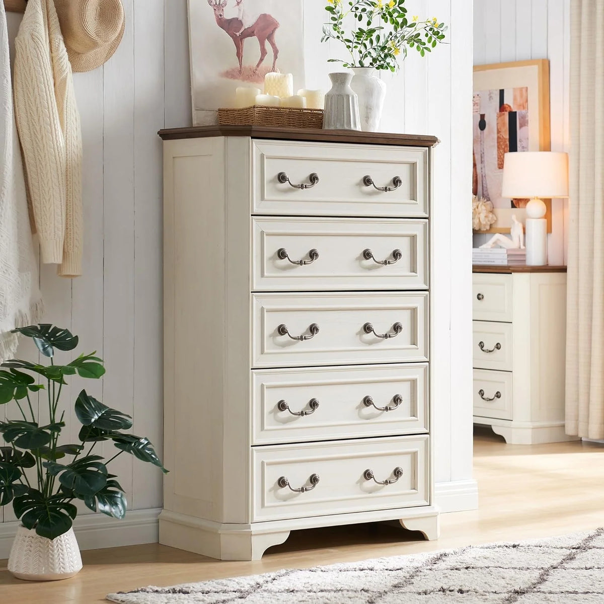 Antique White 5 Drawer Wood Dresser F3857