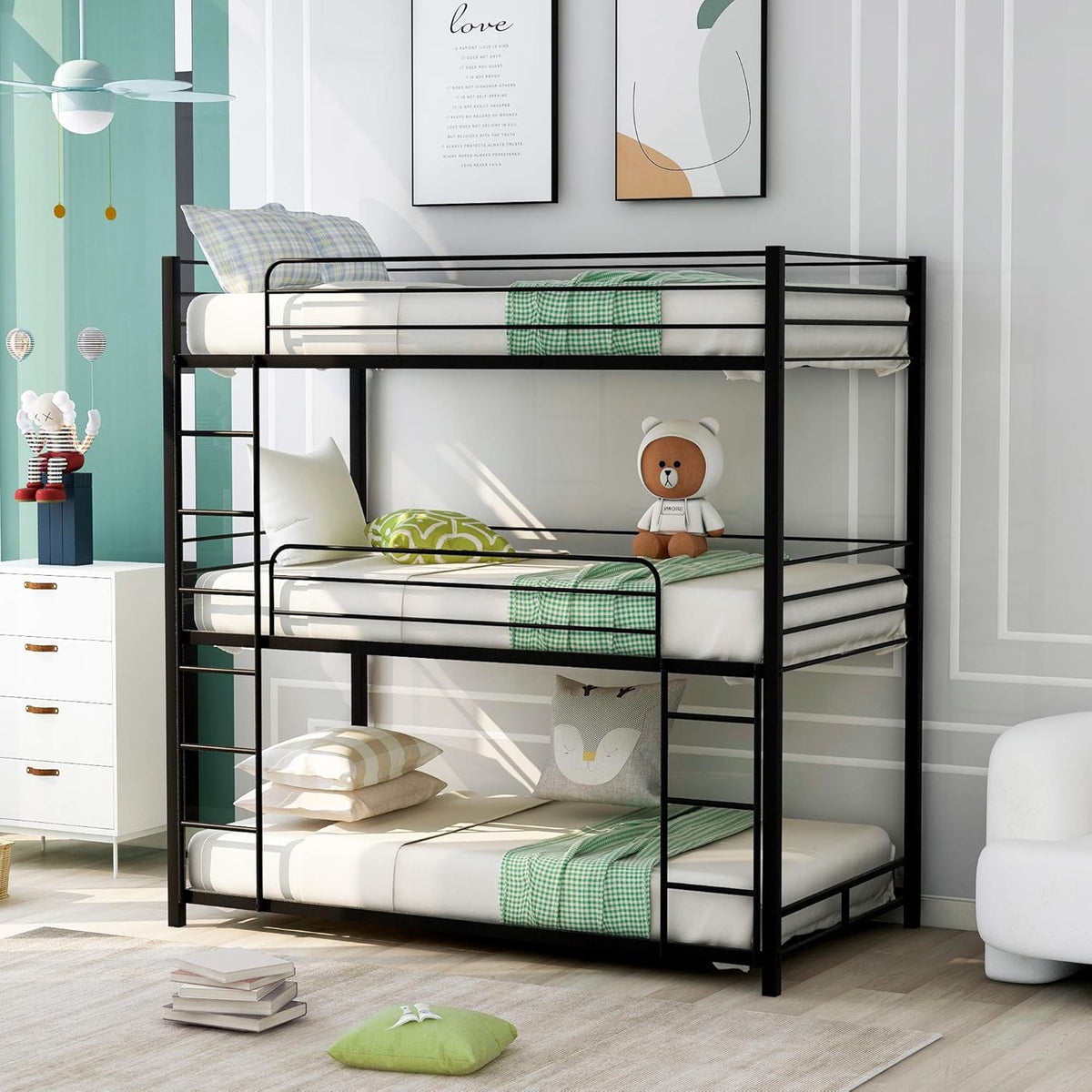 White Twin Metal Bunk Bed with Trundle O730