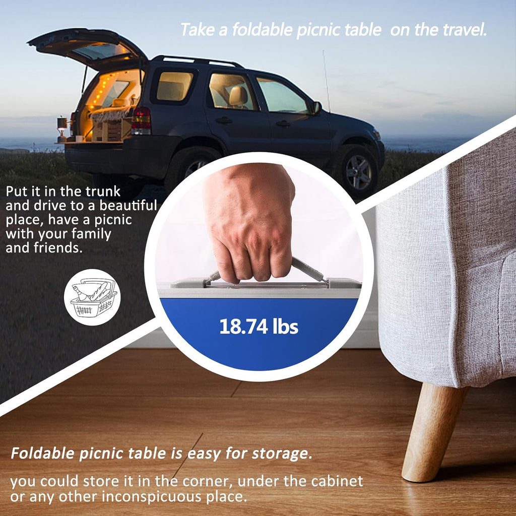 Blue Folding Camping Table with 4 Seats Chairs and Umbrella Hole V2532