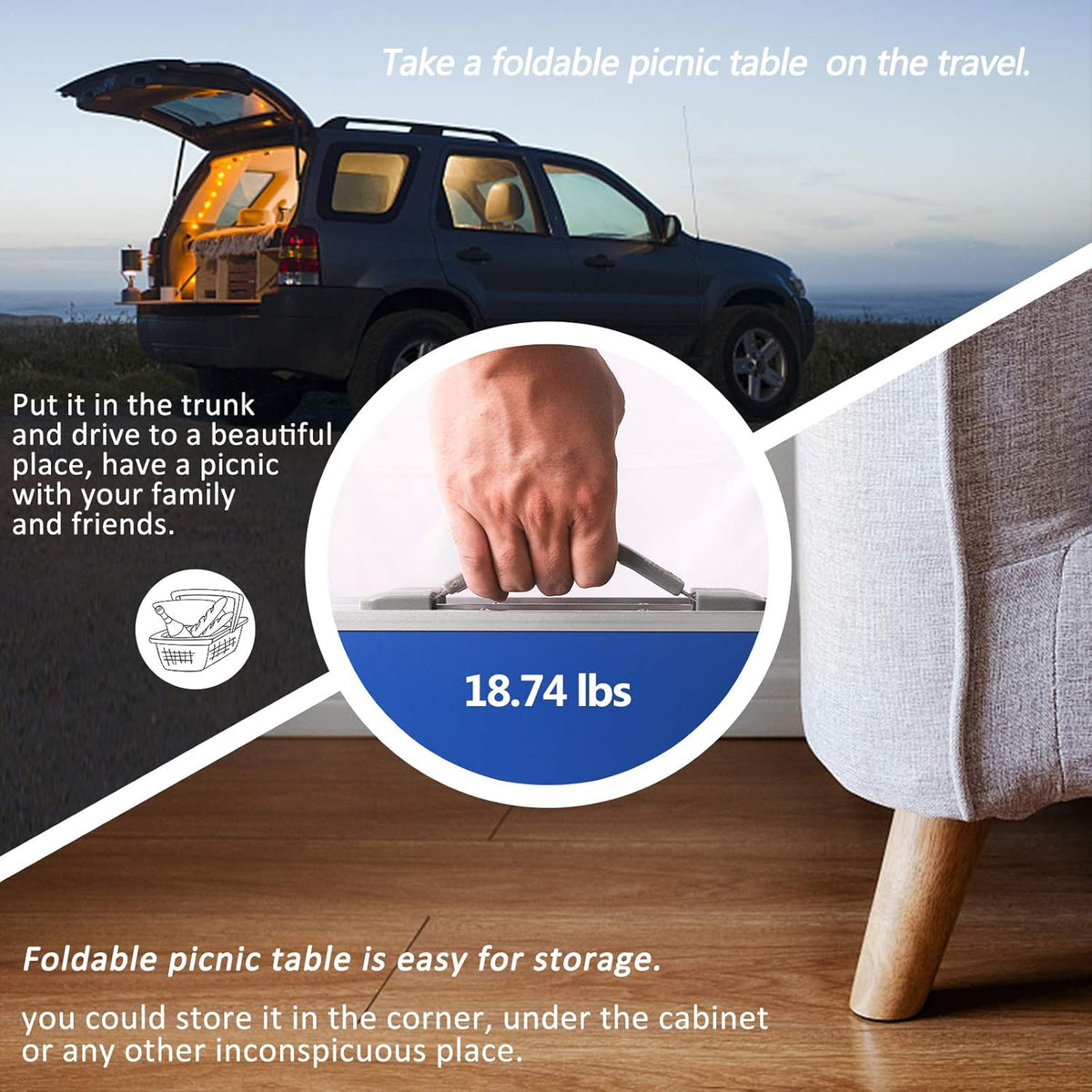 Blue Folding Camping Table with 4 Seats Chairs and Umbrella Hole V2532