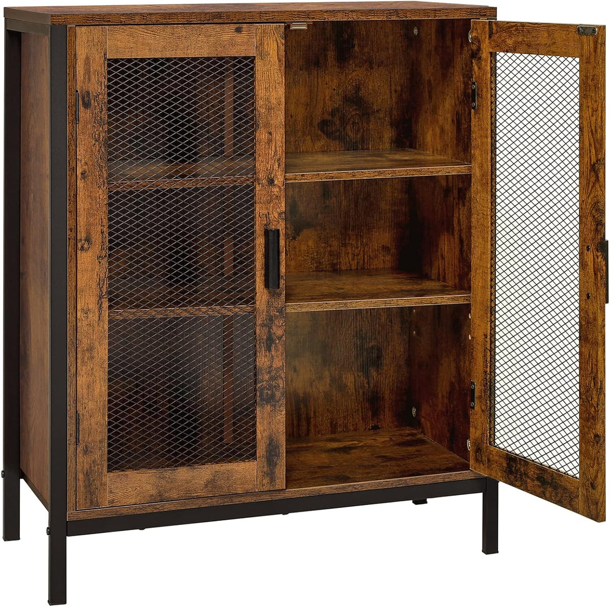 Rustic Brown 3-Tier Storage Cabinet with 2 Mesh Doors S442