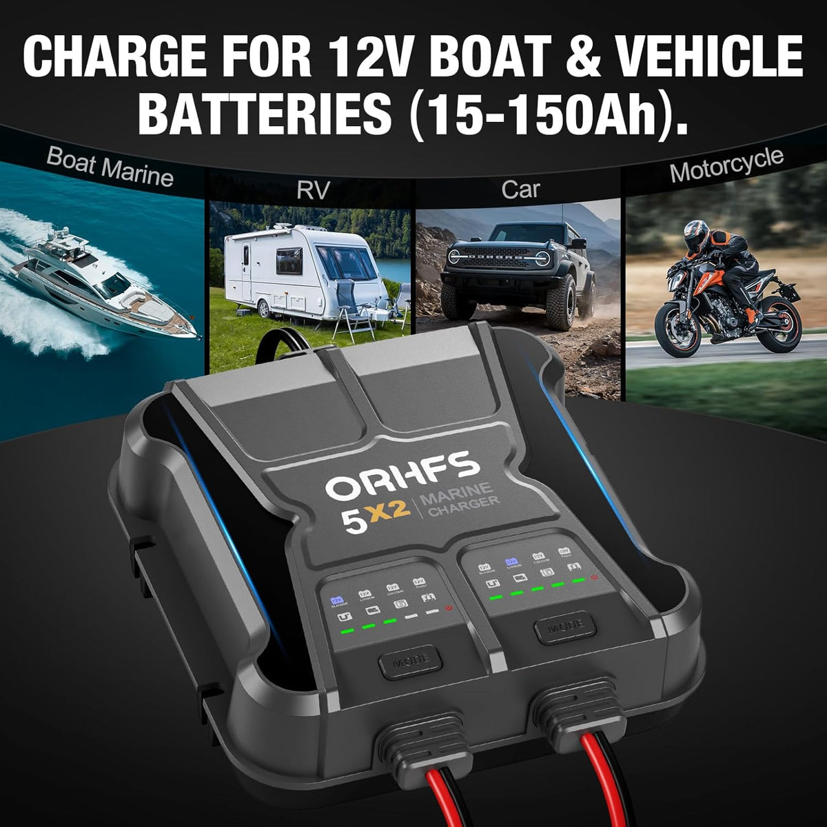 2-Bank 10A Smart Marine Battery Charger 12V Waterproof Onboard for SLA/AGM Lithium F888