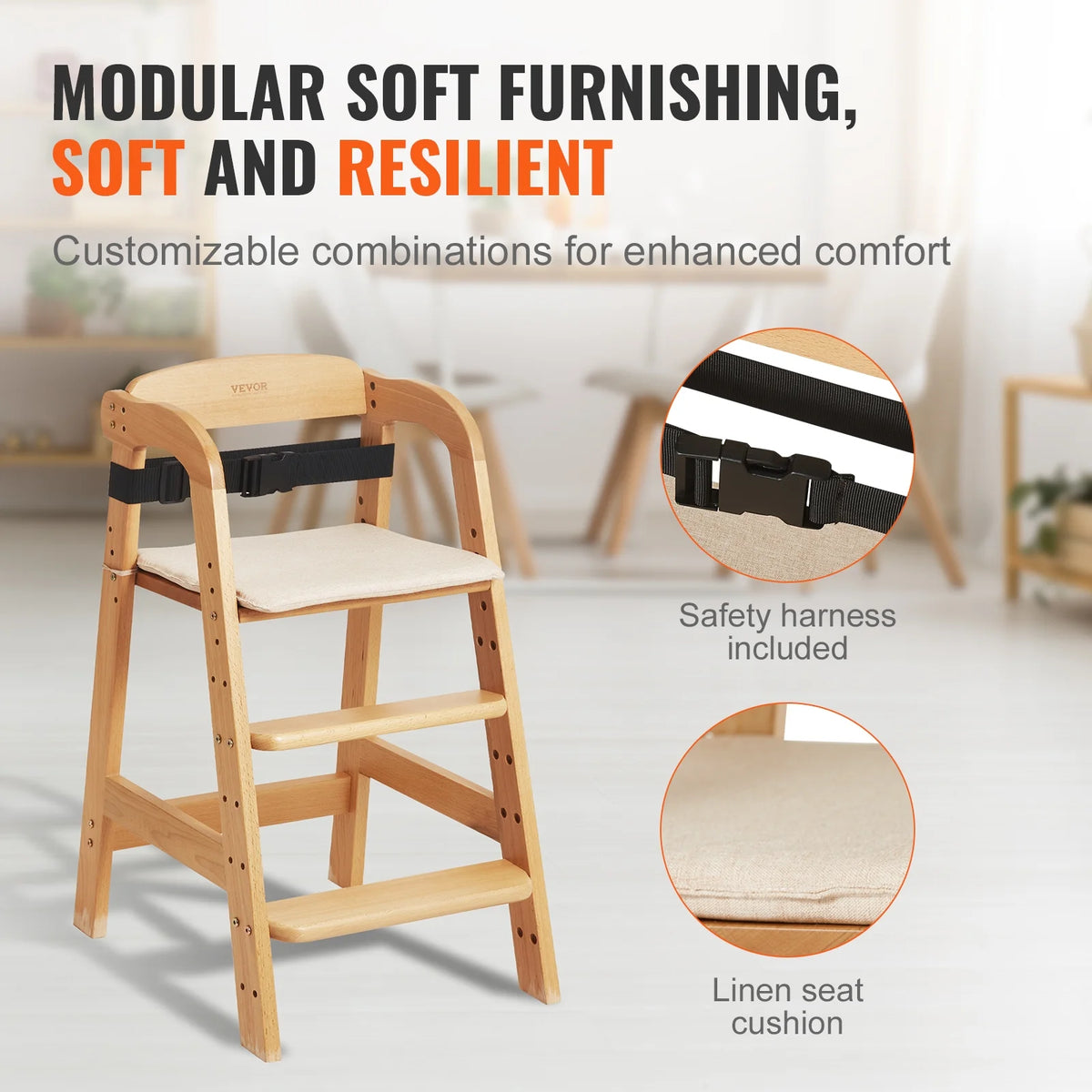 Wooden Baby HighChair with Adjustable Legs Solid Wood B101