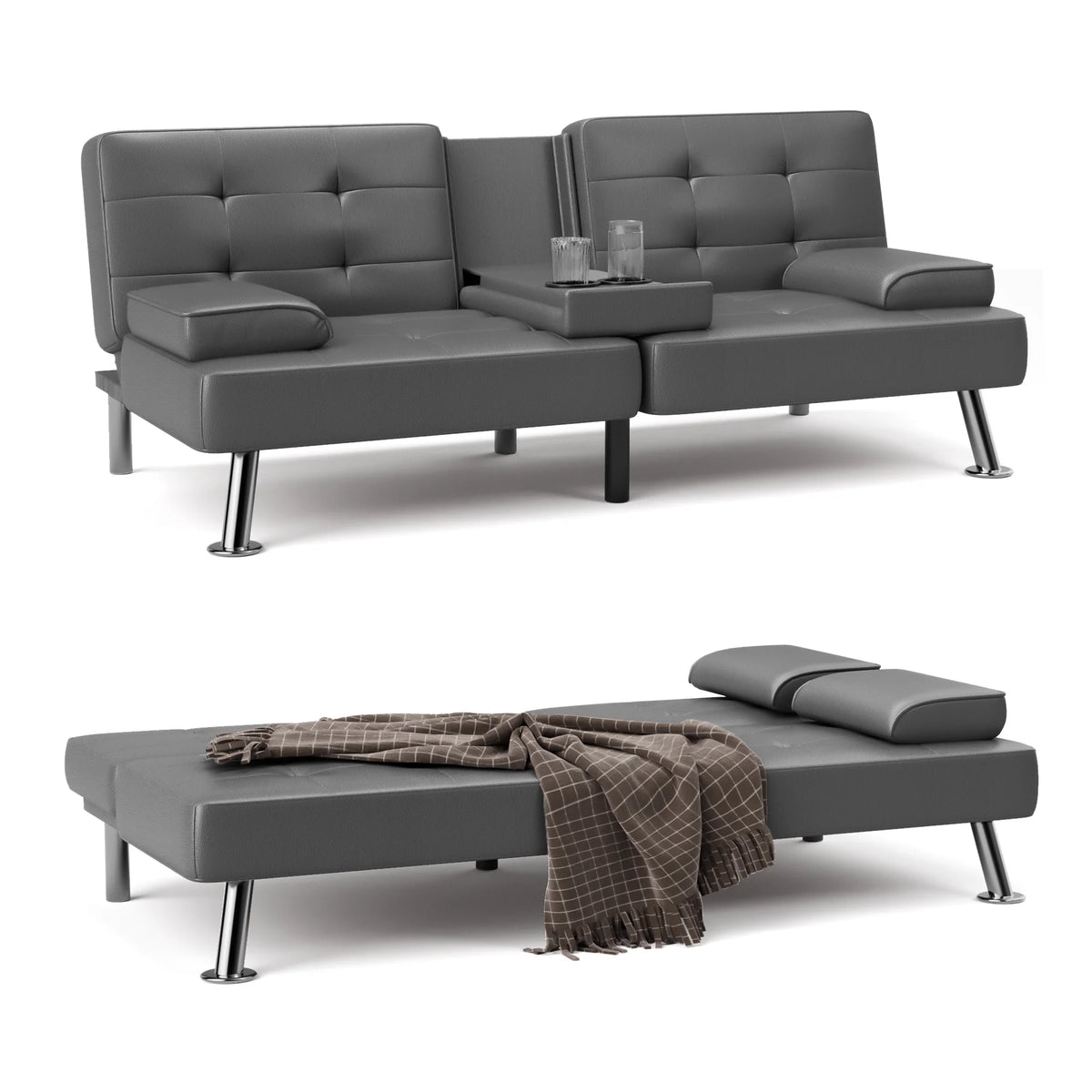 Faux Leather Convertible Futon Sofa Bed with 2 Cup Holders E177094