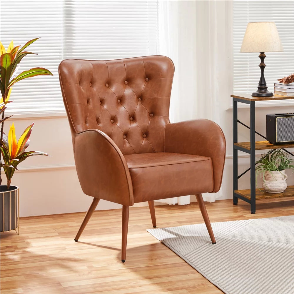 Brown Faux Leather Accent Chair with Tufted High Back L5213