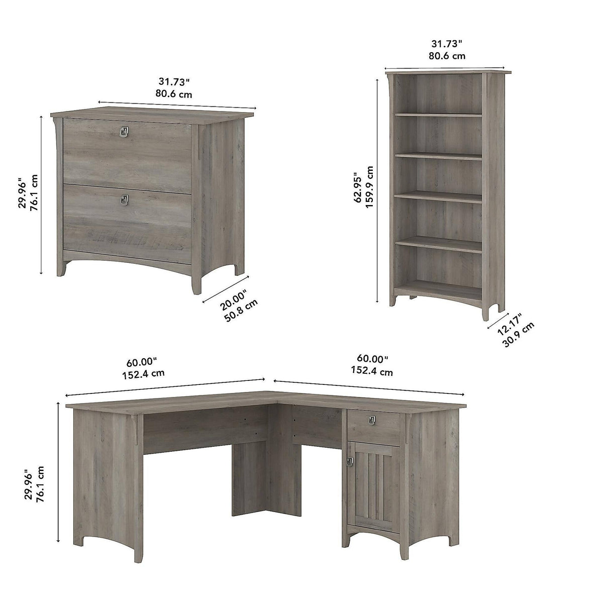 L Shaped Desk with Lateral File Cabinet and 5 Shelf Bookcase, Driftwood Gray M412904