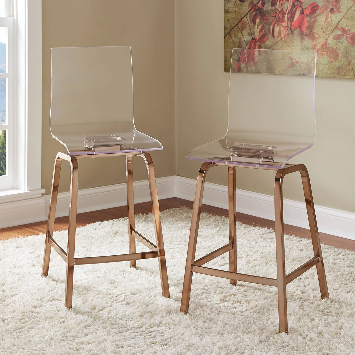 Acrylic and Champagne Gold Swivel Counter Height Stool Set of Two I661