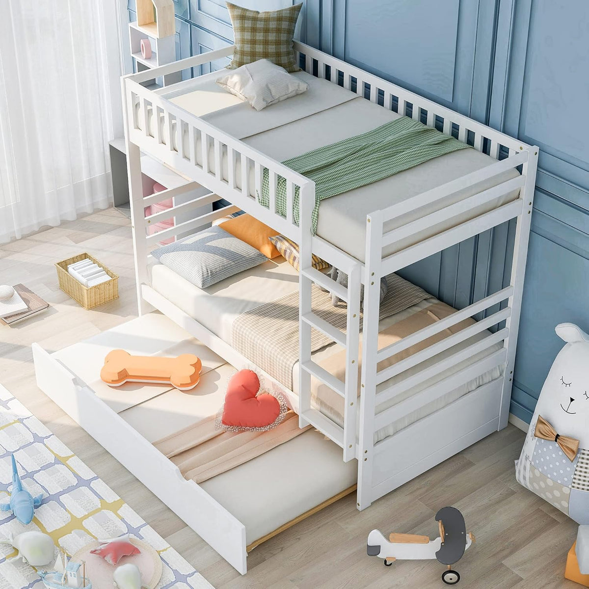 White Twin Metal Bunk Bed with Trundle O730