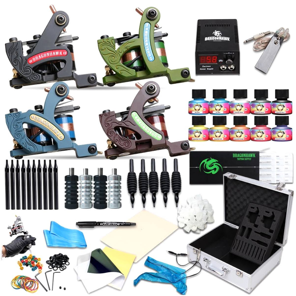 Complete Tattoo Kit 4 Standard Tunings Tattoo Machines Power Supply C5245