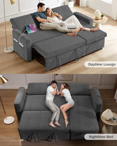 Corduroy Grey L Shaped Sleeper Sofa with Storage Chaise N15369
