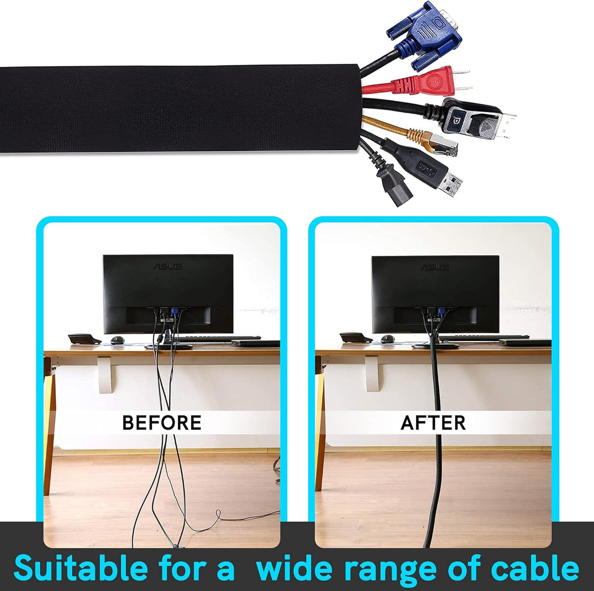 Cable Management Protection Sleeves with Reusable Cable Ties and Name Sticker R349