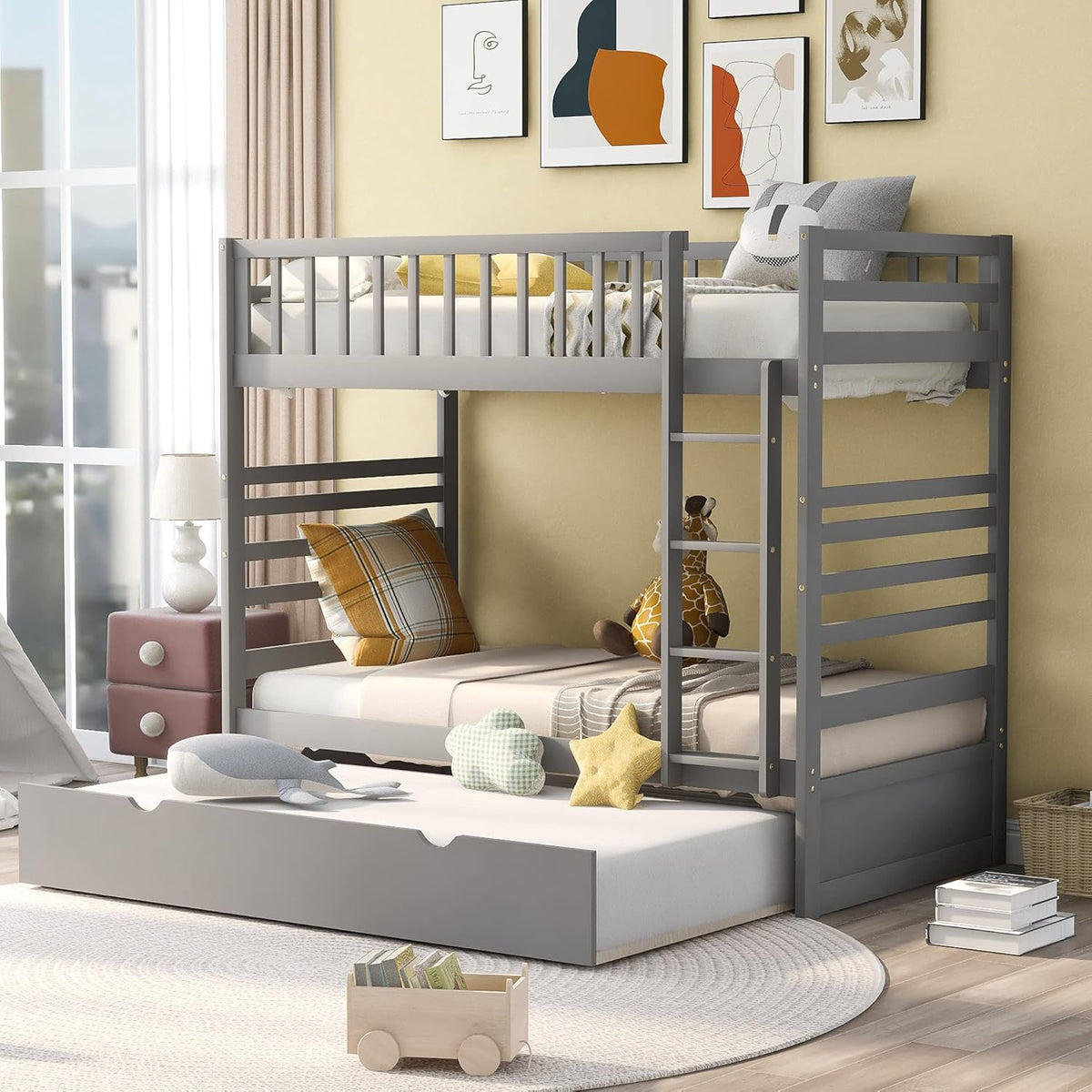 White Twin Metal Bunk Bed with Trundle O730