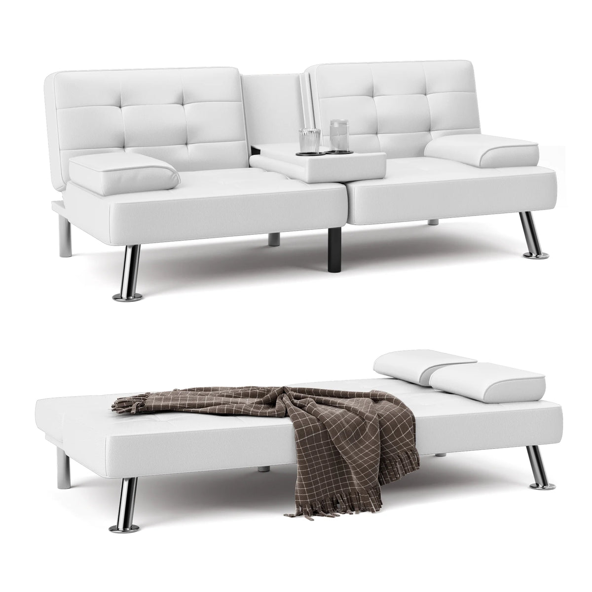 Faux Leather Convertible Futon Sofa Bed with 2 Cup Holders E177094