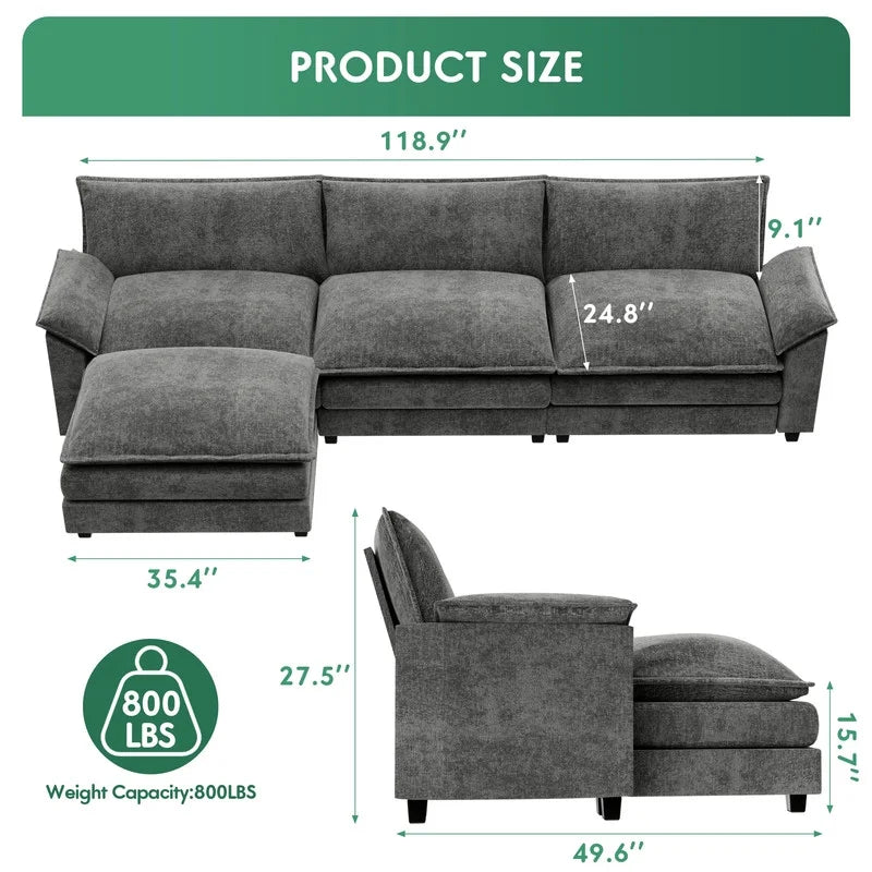3 Seats L-Shaped Sectional Sofa with Movable Ottoman S74685