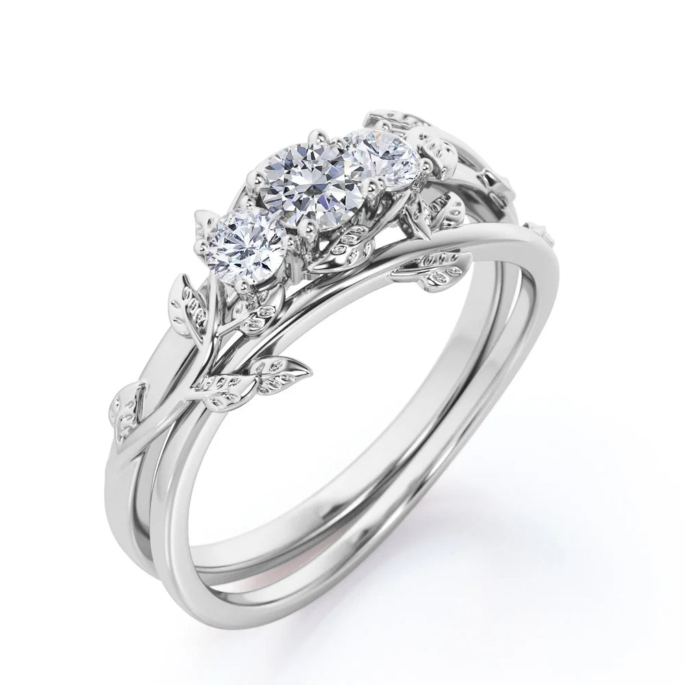1 Carat Round Brilliant Cut Moissanite Triple Stone Wedding Ring Set in 18K White Gold Plating over Silver X31478