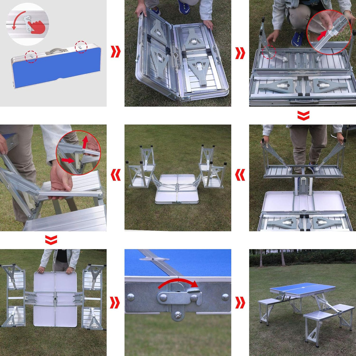 Blue Folding Camping Table with 4 Seats Chairs and Umbrella Hole V2532