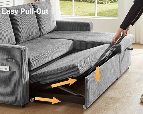 Corduroy Grey L Shaped Sleeper Sofa with Storage Chaise N15369