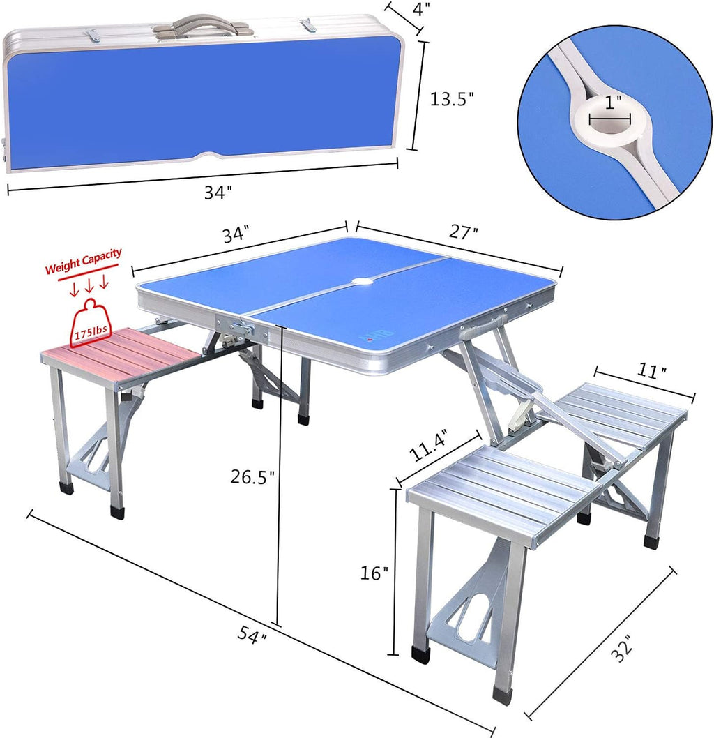 Blue Folding Camping Table with 4 Seats Chairs and Umbrella Hole V2532