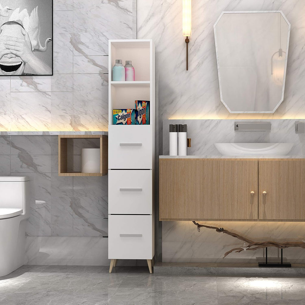 Ivory White Freestanding Bathroom Storage Cabinet with 2 Open Shelves O680805