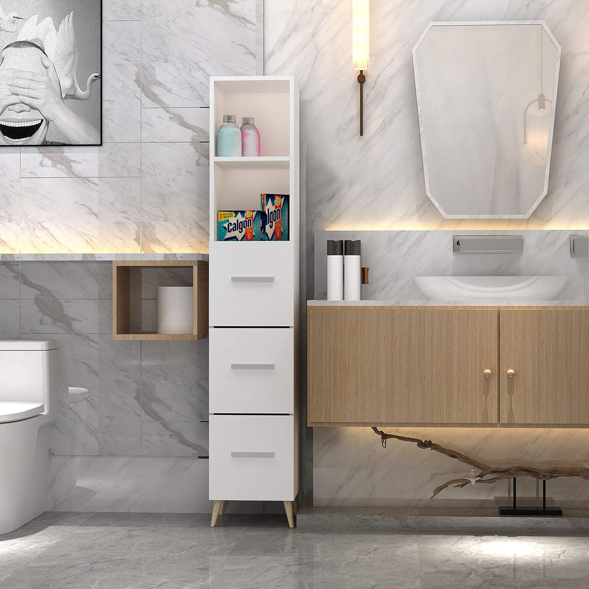 Ivory White Freestanding Bathroom Storage Cabinet with 2 Open Shelves O680805