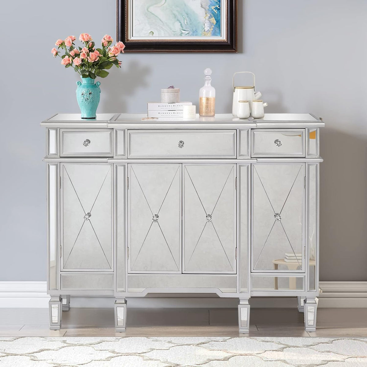 Mirrored Cabinet Console Table Dresser with 3 Drawer and Doors E811
