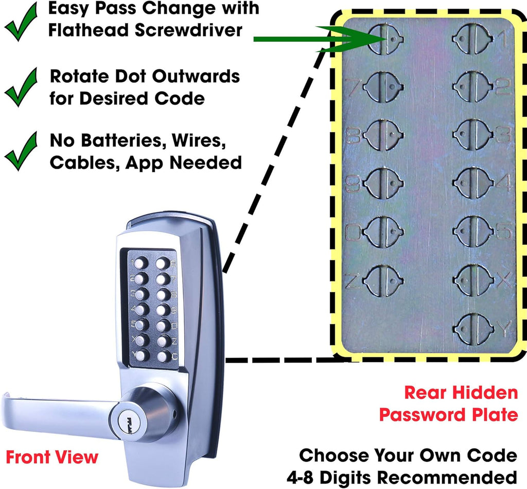 Mechanical Push Button Lever Lock, 60mm Backset, 13 Digit Keypad, Satin Chrome K760