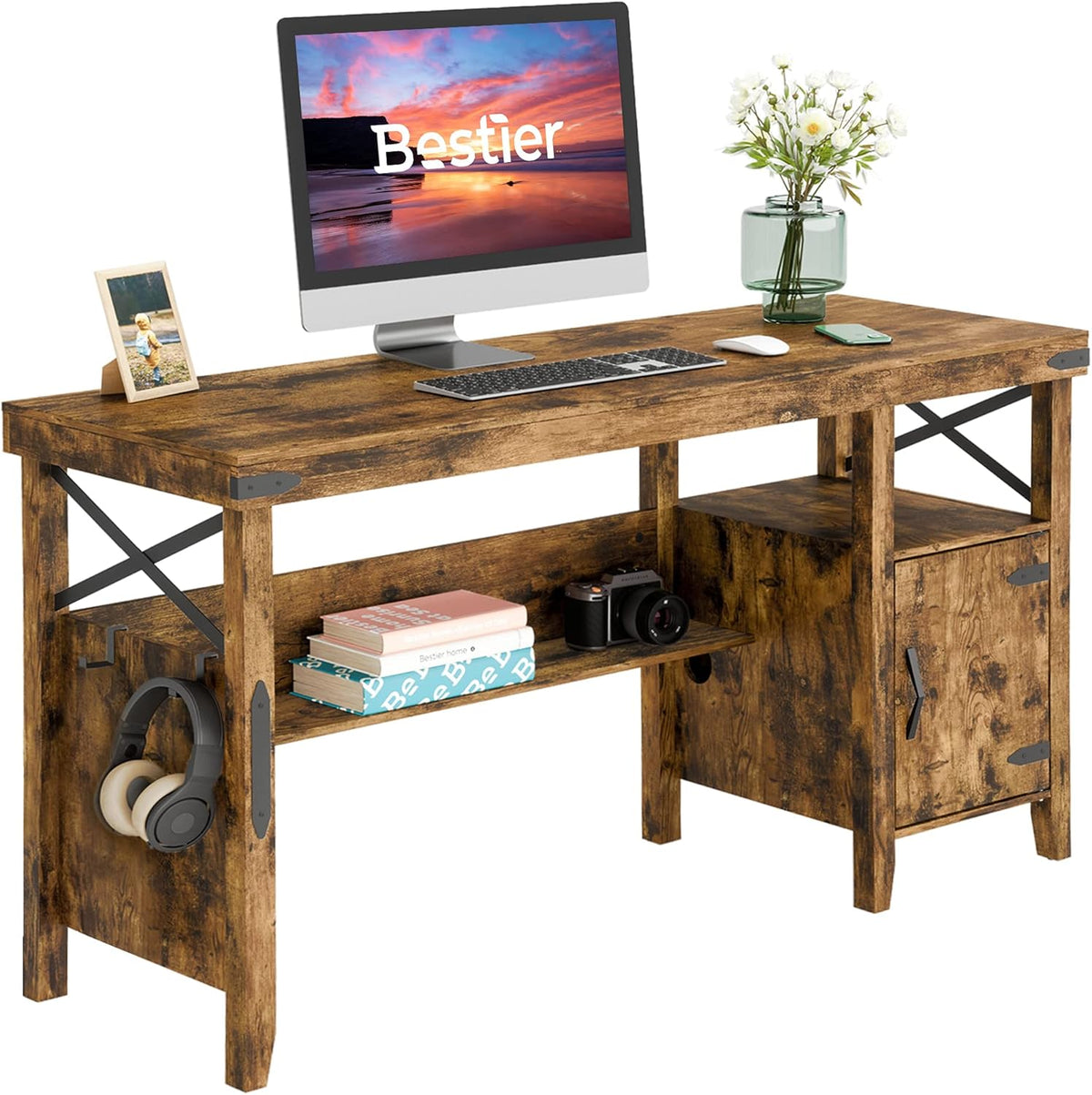 Gray L-Shaped Computer Desk with Storage Cabinet and Bookshelf C105530